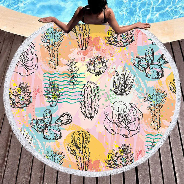 Round Beach Towel - Quick-Dry, Absorbent Polyester-Cotton Sea Blanket with Digital Print, Yoga Mat, Picnic Blanket