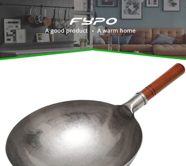 Traditional Iron Wok with Glass Lid Non-Stick for Gas Cooker