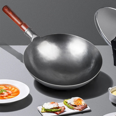 Traditional Iron Wok with Glass Lid Non-Stick for Gas Cooker