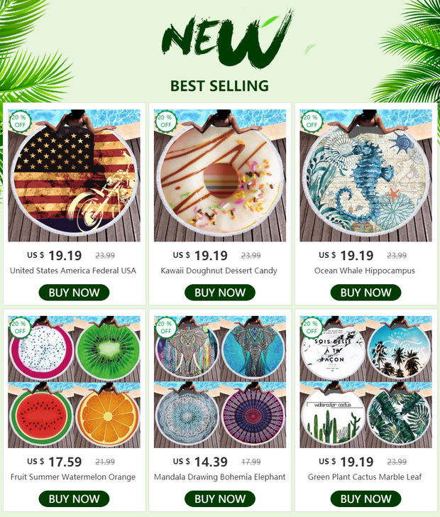 Round Beach Towel - Quick-Dry, Absorbent Polyester-Cotton Sea Blanket with Digital Print, Yoga Mat, Picnic Blanket