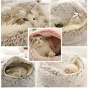 Plush Hooded Pet Bed Round Fluffy Soft Cat Bed Pet Cushion Warm Cat Dog 2 in 1 Sleeping Nest Cave for Small Dogs