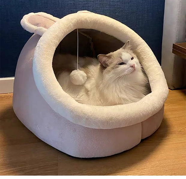 Cozy Cat Bed with Animal Ear Design - Breathable Semi-Closed Pet Nest