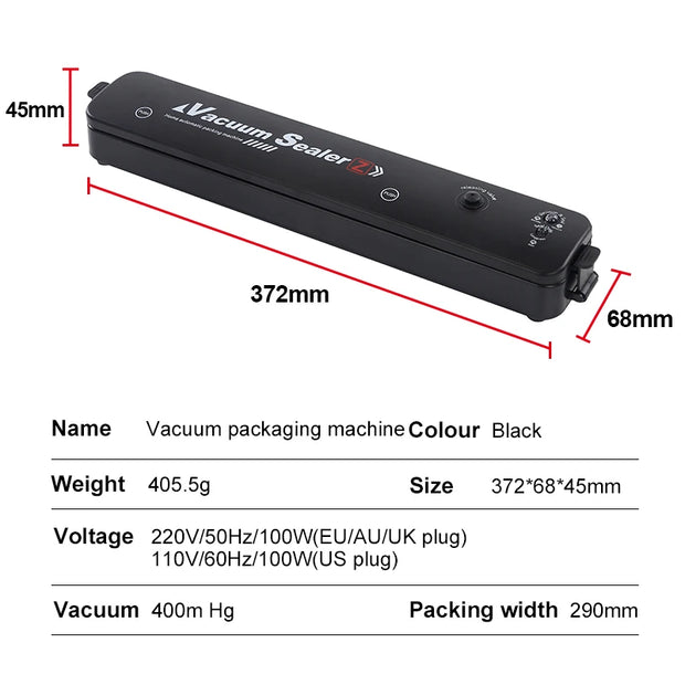 220V/110V Vacuum Sealer Packaging Machine with 10 Free Vacuum Bags - Household Black Food Sealer