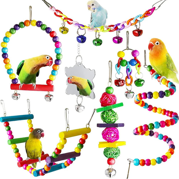 7-Piece Parrot Toy Set - Wooden Bird Cage Accessories with Swing, Suspension Bridge, Chew Toys, Balls, and Bells