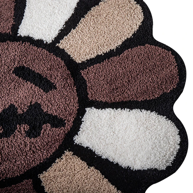 Smiling Face Tufted Flower Rug – Round Rainbow Bathroom Rug, Non-Slip, Machine Washable