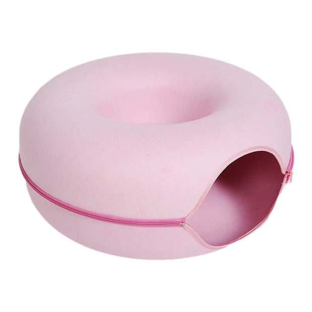 Donut Cat Bed for 2 Cats Pet Cat Tunnel Toys Kitten House Basket Interactive Play Toys for Cats Natural Felt Rabbit Cave Nest