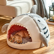 Cartoon Shark Pet Cave Bed, Cozy Cat Pillow Mat for Kittens and Puppies, Soft Cotton Cushion Nest