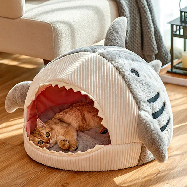 Cartoon Shark Pet Cave Bed, Cozy Cat Pillow Mat for Kittens and Puppies, Soft Cotton Cushion Nest