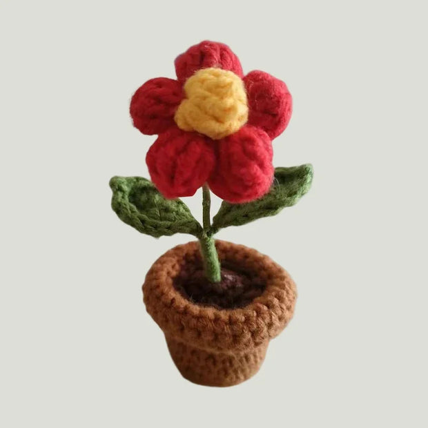 DIY Handwoven Mini Potted Flower Rose – Woolen Thread Finished Product for Office, Home Decoration