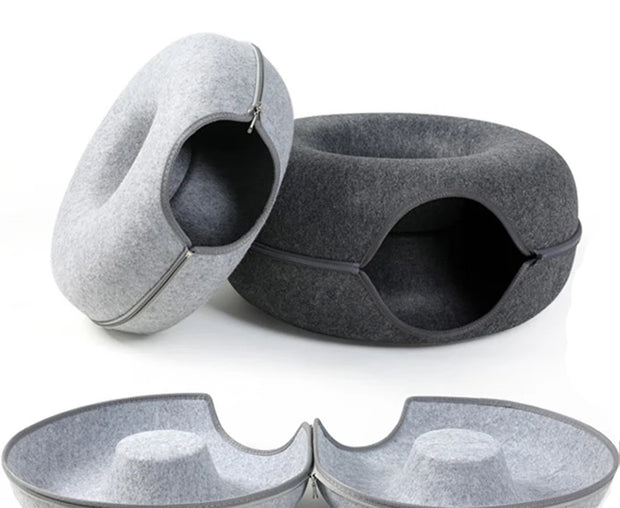 Donut Cat Bed for 2 Cats Pet Cat Tunnel Toys Kitten House Basket Interactive Play Toys for Cats Natural Felt Rabbit Cave Nest