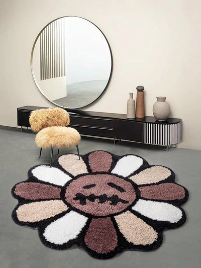 Smiling Face Tufted Flower Rug – Round Rainbow Bathroom Rug, Non-Slip, Machine Washable