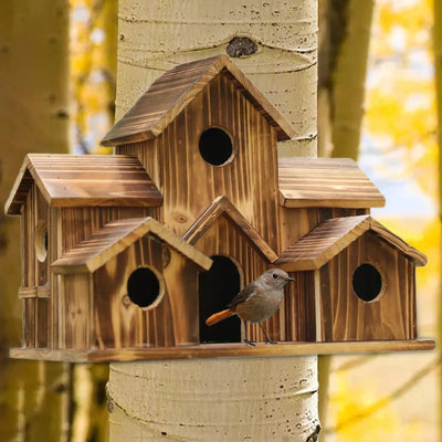 Wooden Hanging Bird House – Outdoor 3-Hole Birdhouse for Sparrows, Bluebirds, and More