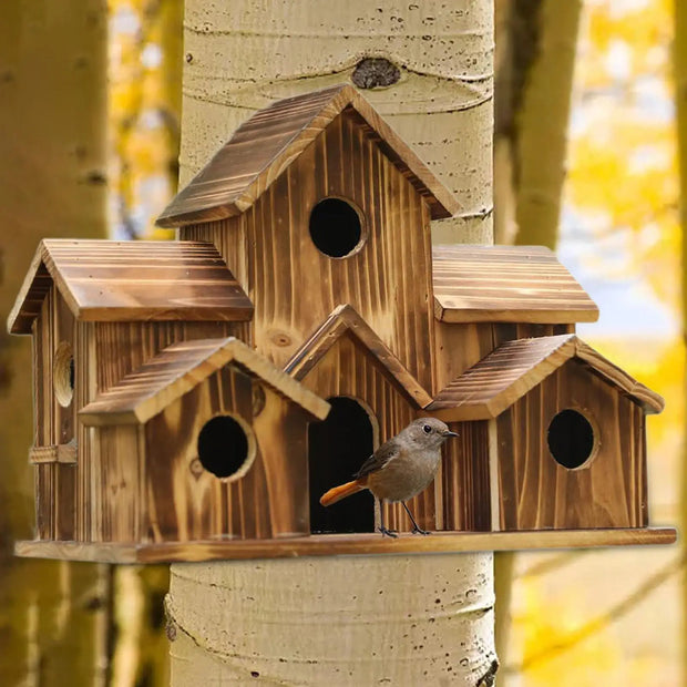 Wooden Hanging Bird House – Outdoor 3-Hole Birdhouse for Sparrows, Bluebirds, and More