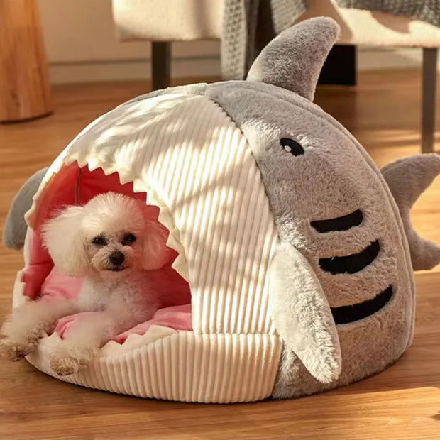 Cartoon Shark Pet Cave Bed, Cozy Cat Pillow Mat for Kittens and Puppies, Soft Cotton Cushion Nest