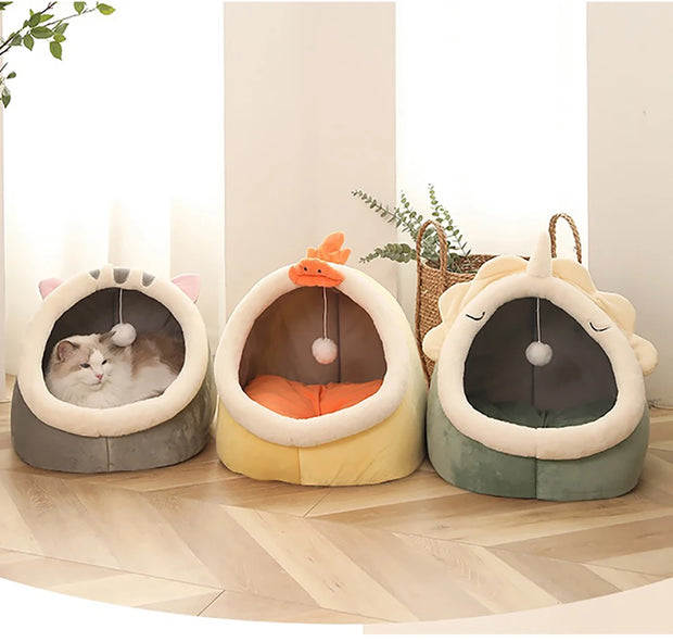 Cozy Cat Bed with Animal Ear Design - Breathable Semi-Closed Pet Nest