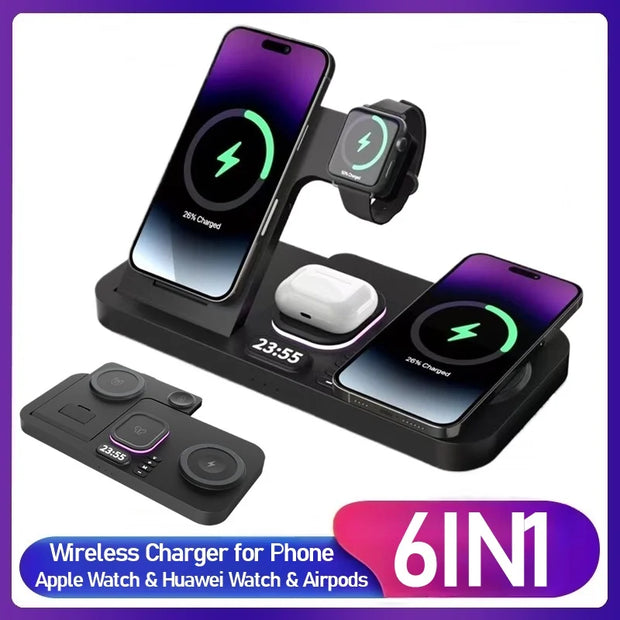 30W 6-in-1 Wireless Charger with RGB Night Light, Alarm Clock, and Fast Charging Station