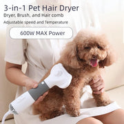 3-in-1 Pets Hair Dryer Brush Comb for Dog, Cat, Kitten, Puppy – Adjustable Wind Speed & Temperature, Safe Grooming with Mute Function