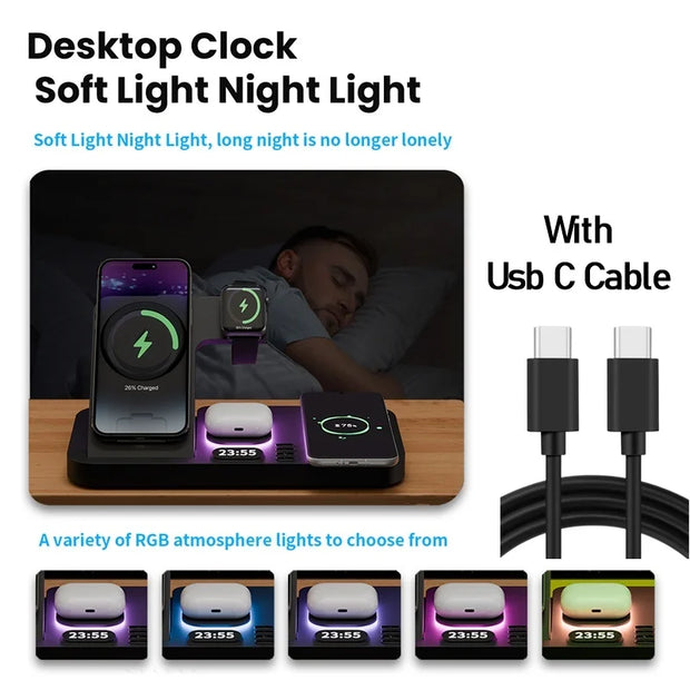 30W 6-in-1 Wireless Charger with RGB Night Light, Alarm Clock, and Fast Charging Station