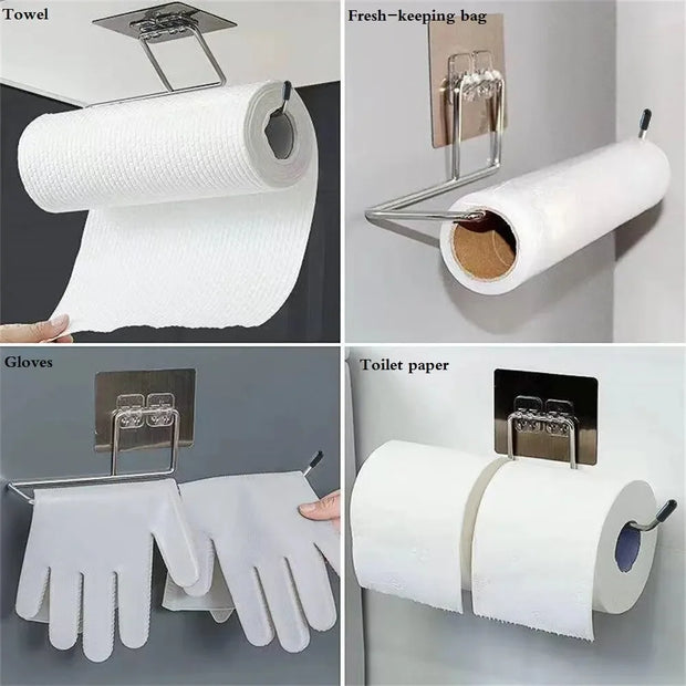 Stainless Steel Kitchen Paper Towel Holder – Self-Adhesive, Rotatable, No Drilling