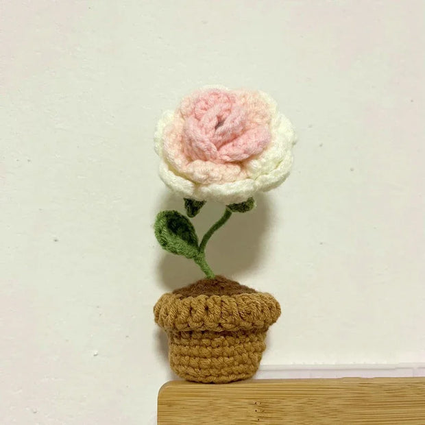 DIY Handwoven Mini Potted Flower Rose – Woolen Thread Finished Product for Office, Home Decoration