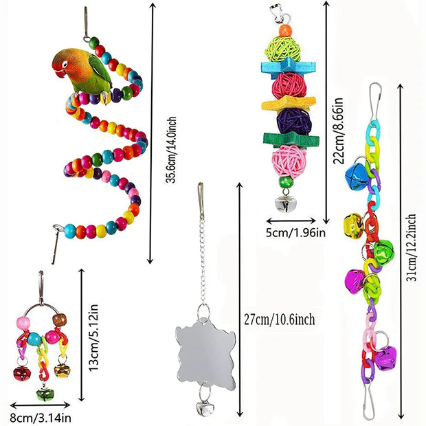 7-Piece Parrot Toy Set - Wooden Bird Cage Accessories with Swing, Suspension Bridge, Chew Toys, Balls, and Bells