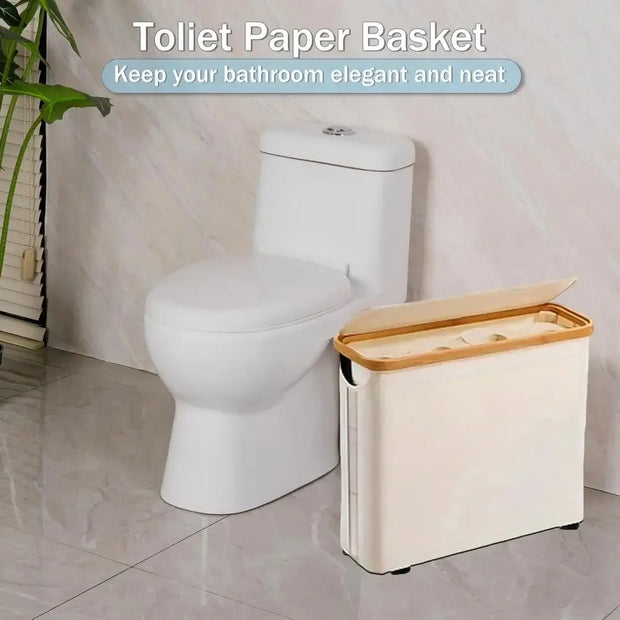 Bamboo Toilet Paper Basket Storage - Large Organizer with Lid for Bathroom