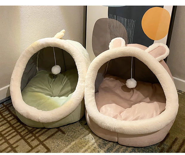 Cozy Cat Bed with Animal Ear Design - Breathable Semi-Closed Pet Nest