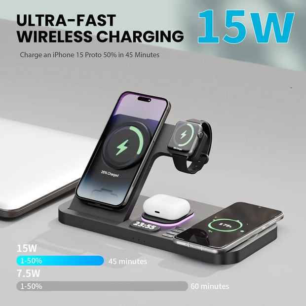 30W 6-in-1 Wireless Charger with RGB Night Light, Alarm Clock, and Fast Charging Station