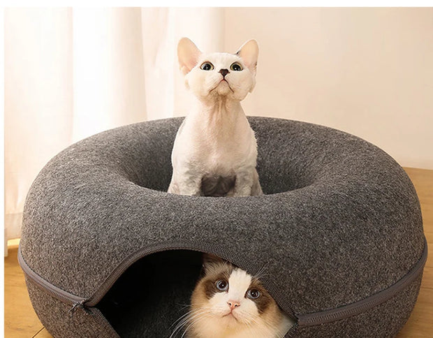 Donut Cat Bed for 2 Cats Pet Cat Tunnel Toys Kitten House Basket Interactive Play Toys for Cats Natural Felt Rabbit Cave Nest