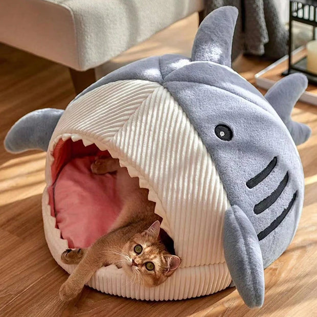 Cartoon Shark Pet Cave Bed, Cozy Cat Pillow Mat for Kittens and Puppies, Soft Cotton Cushion Nest