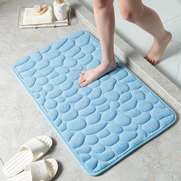 Cobblestone Embossed Memory Foam Bathroom Mat – Non-Slip, Super Absorbent, Soft Coral Fleece, Eco-Friendly