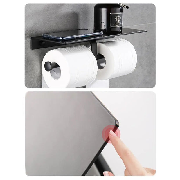 Aluminum Double Roll Toilet Paper Holder with Shelf