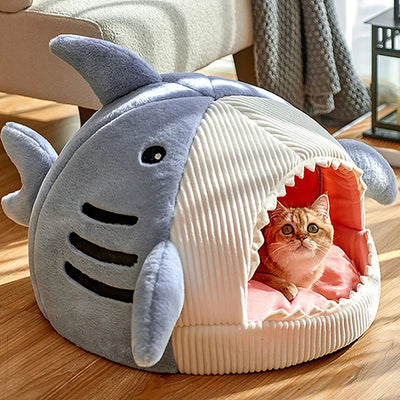 Cartoon Shark Pet Cave Bed, Cozy Cat Pillow Mat for Kittens and Puppies, Soft Cotton Cushion Nest