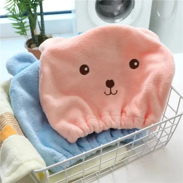 Cute Bear Microfiber Hair Drying Hat - Super Absorbent Bath Towel Cap