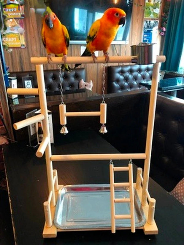 Parrot Playstand with Cup, Swing, and Climbing Ladder – Wooden Bird Playground for Cockatiels, Budgies, and Parrots