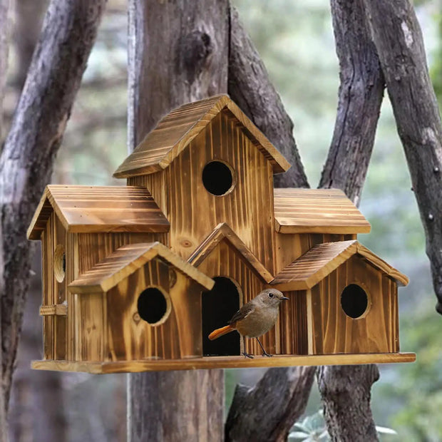 Wooden Hanging Bird House – Outdoor 3-Hole Birdhouse for Sparrows, Bluebirds, and More