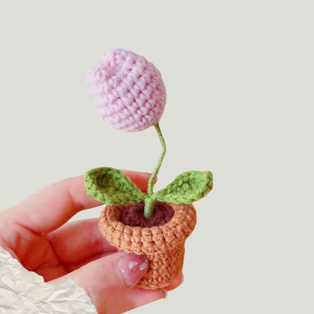 DIY Handwoven Mini Potted Flower Rose – Woolen Thread Finished Product for Office, Home Decoration