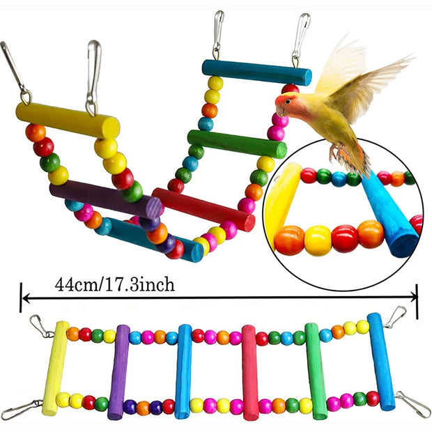 7-Piece Parrot Toy Set - Wooden Bird Cage Accessories with Swing, Suspension Bridge, Chew Toys, Balls, and Bells