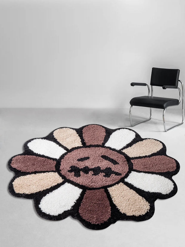 Smiling Face Tufted Flower Rug – Round Rainbow Bathroom Rug, Non-Slip, Machine Washable