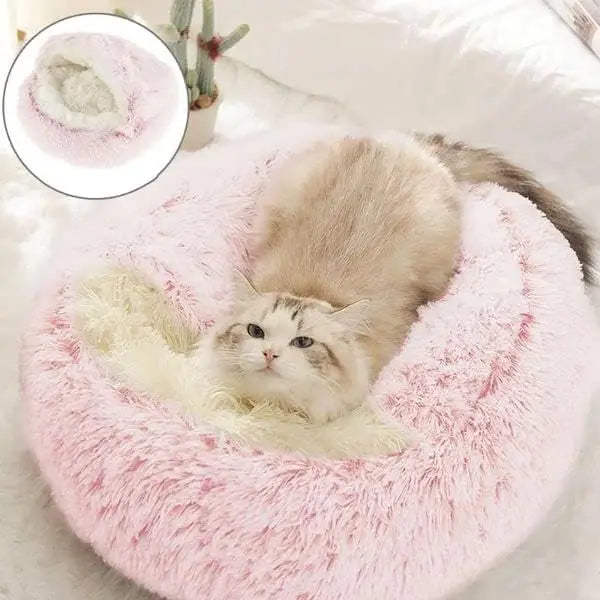 Soft Plush Cat and Dog Bed - 2-in-1 Round Pet Mattress with Warm Cover