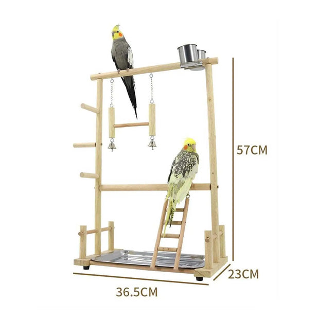 Parrot Playstand – Wooden Bird Playground with Feeder Cups, Climbing Toy for Parakeets, Cockatiels, and Lovebirds