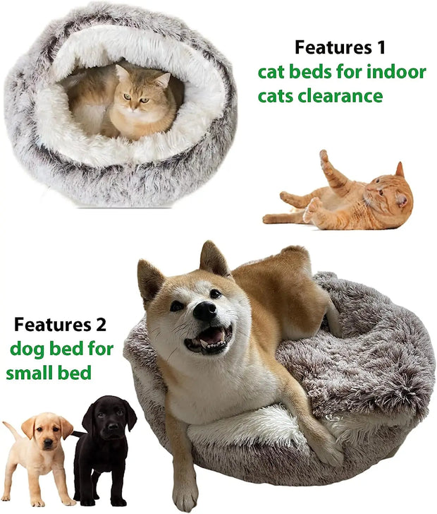 Soft Plush Cat and Dog Bed - 2-in-1 Round Pet Mattress with Warm Cover