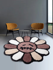 Smiling Face Tufted Flower Rug – Round Rainbow Bathroom Rug, Non-Slip, Machine Washable