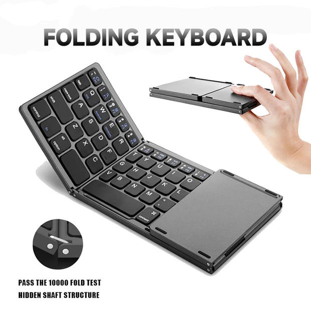 B033 Mini Wireless Keyboard Bluetooth Touchpad Portable Magnetic Triple Folding Keyboard for Windows Android IOS iPad Phone