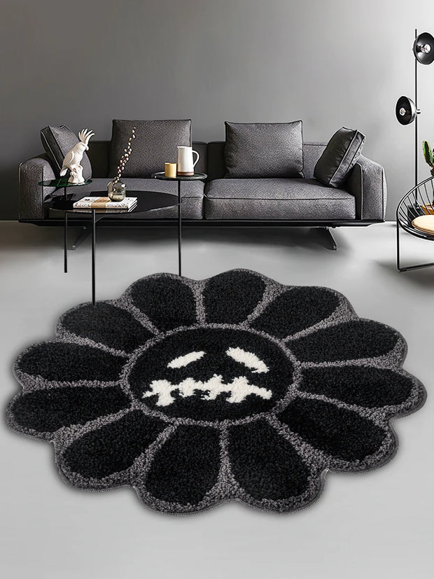 Smiling Face Tufted Flower Rug – Round Rainbow Bathroom Rug, Non-Slip, Machine Washable