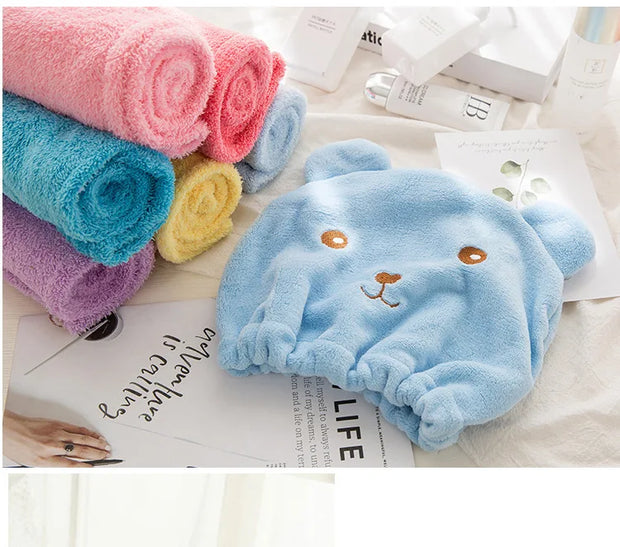 Cute Bear Microfiber Hair Drying Hat - Super Absorbent Bath Towel Cap