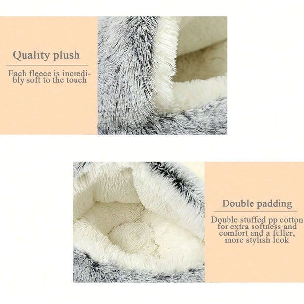 Plush Hooded Pet Bed Round Fluffy Soft Cat Bed Pet Cushion Warm Cat Dog 2 in 1 Sleeping Nest Cave for Small Dogs