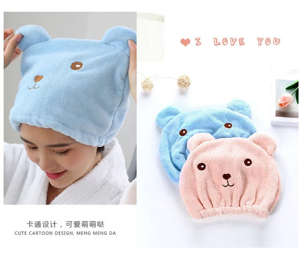 Cute Bear Microfiber Hair Drying Hat - Super Absorbent Bath Towel Cap