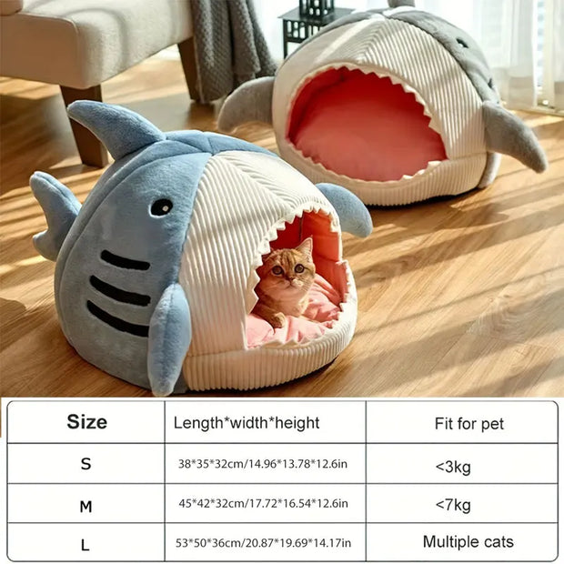 Cartoon Shark Pet Cave Bed, Cozy Cat Pillow Mat for Kittens and Puppies, Soft Cotton Cushion Nest