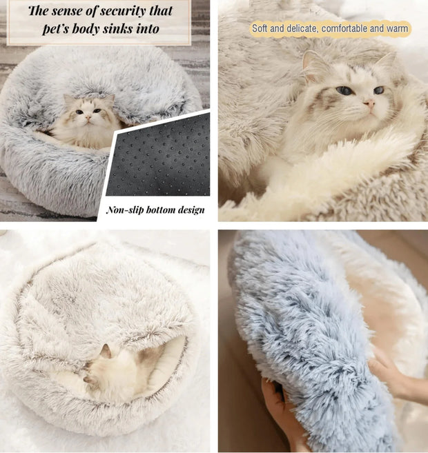 Plush Hooded Pet Bed Round Fluffy Soft Cat Bed Pet Cushion Warm Cat Dog 2 in 1 Sleeping Nest Cave for Small Dogs